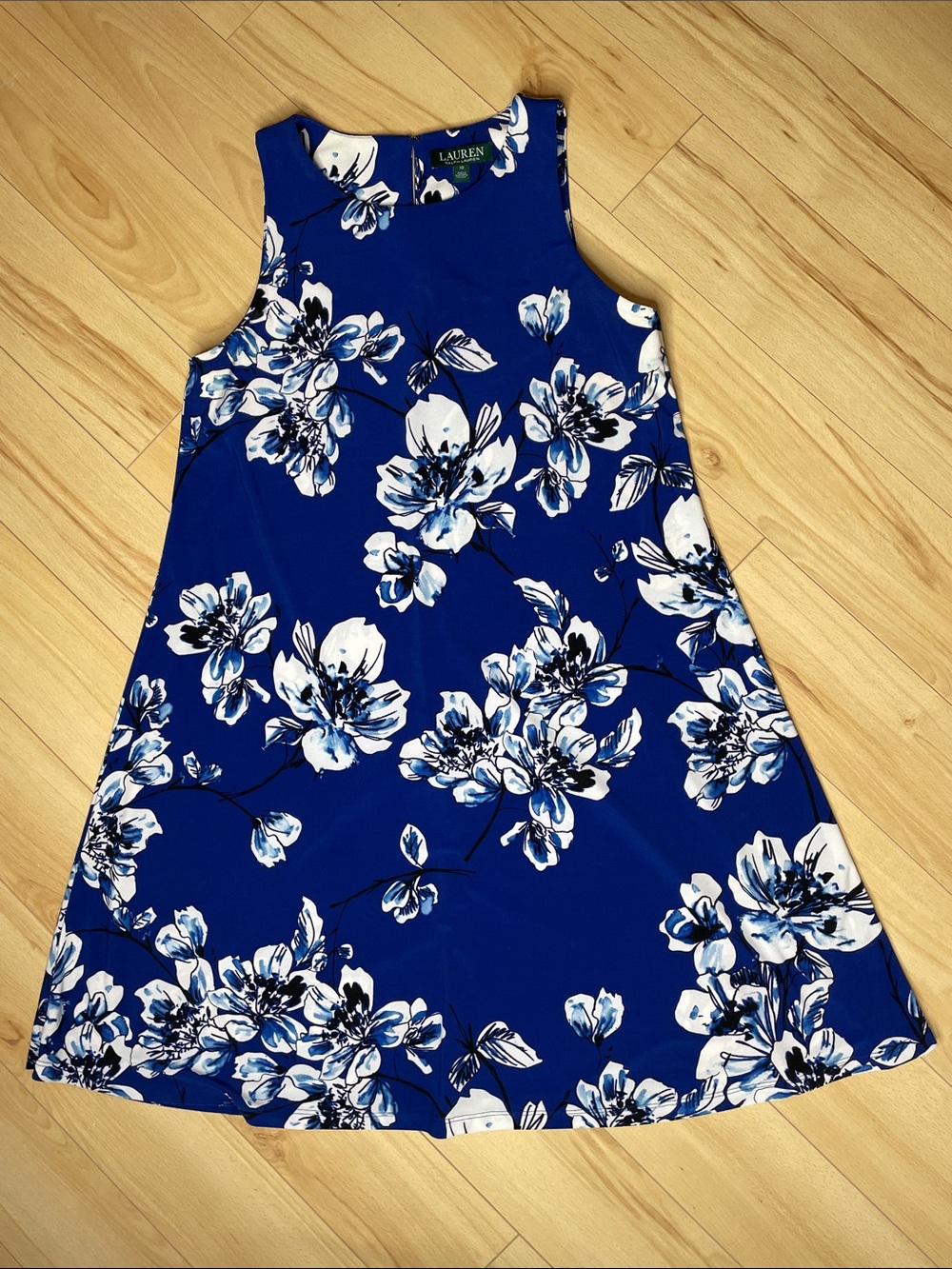 Ralph Lauren Sz 10 Blue and White Floral Sleeveless Swing Dress